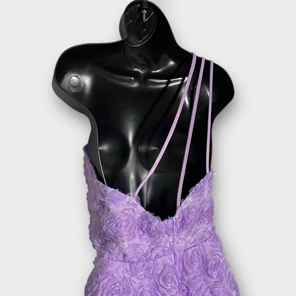 Faeriesty Purple One Shoulder 3D Floral Strappy Back Mini Dress Size Medium - Picture 4 of 7